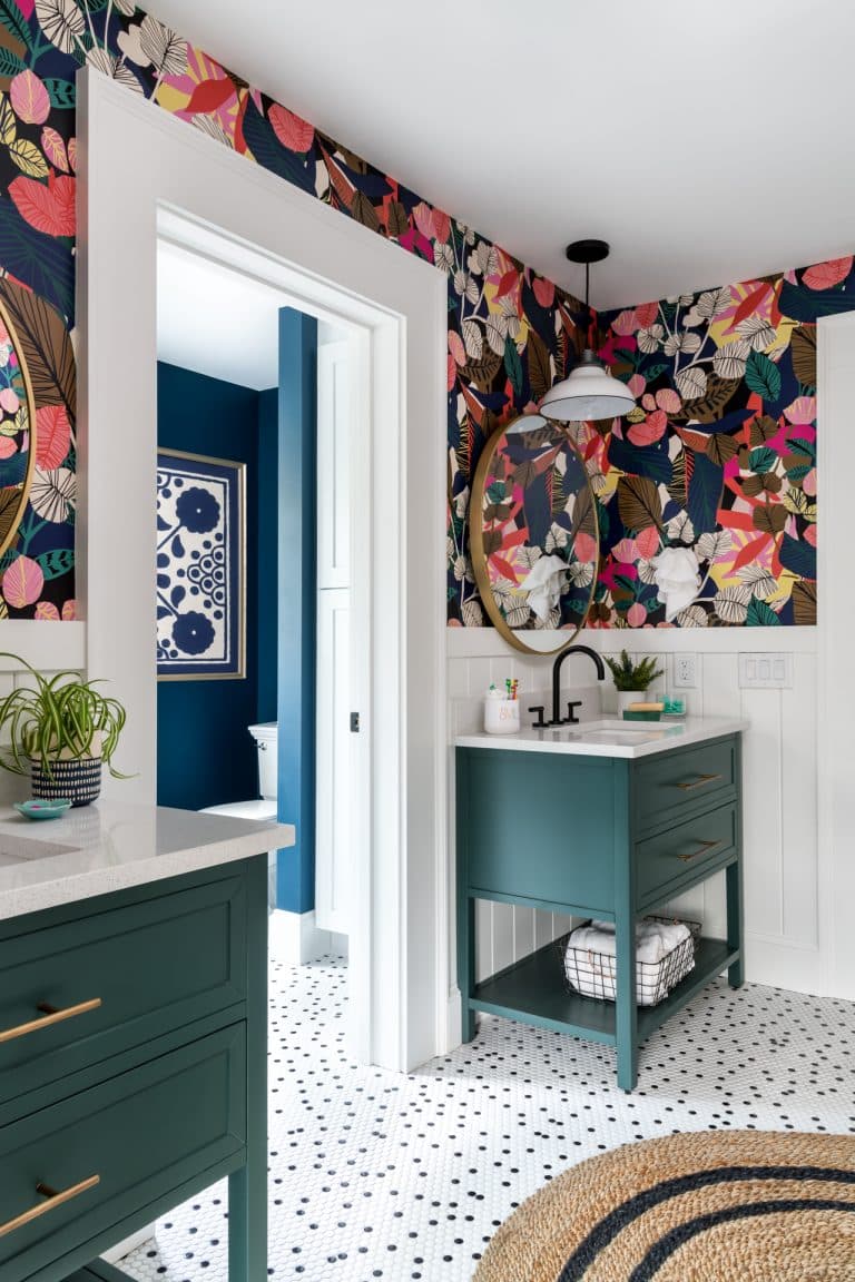 Jack and Jill bathroom with bold floral wallpaper