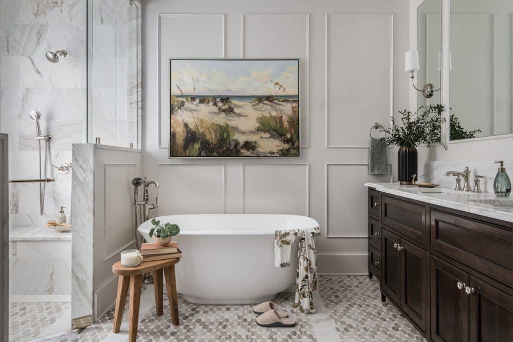 Primary bathroom remodel in Atlanta with freestanding bathtub
